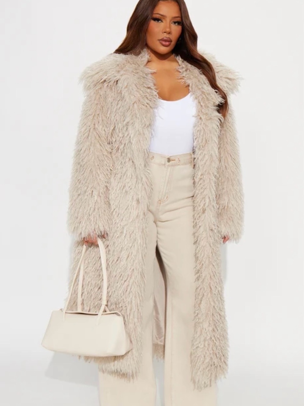 Fashion Nova NWT Glamour Rush Faux Fur Coat in Oatmeal Color